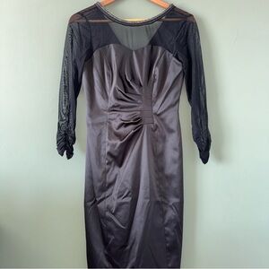 Tahari Arthur S Levine Black Satin Illusion Mesh Top & Sleeve Rhinestone Dress 4